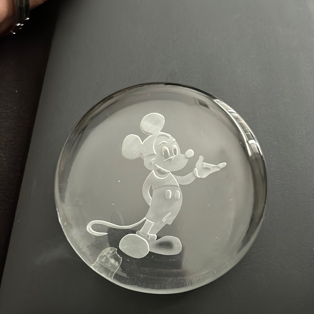 Micky Mouse Etched on heavy glass Paper weight.